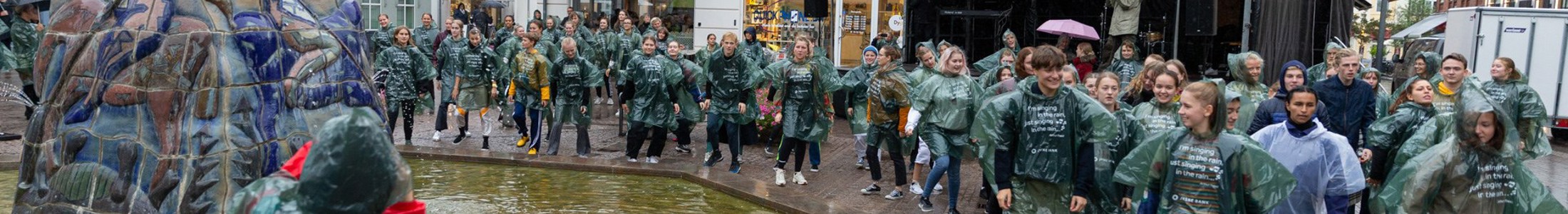 Unge mennesker har regntøj på og er ved et koncerttelt